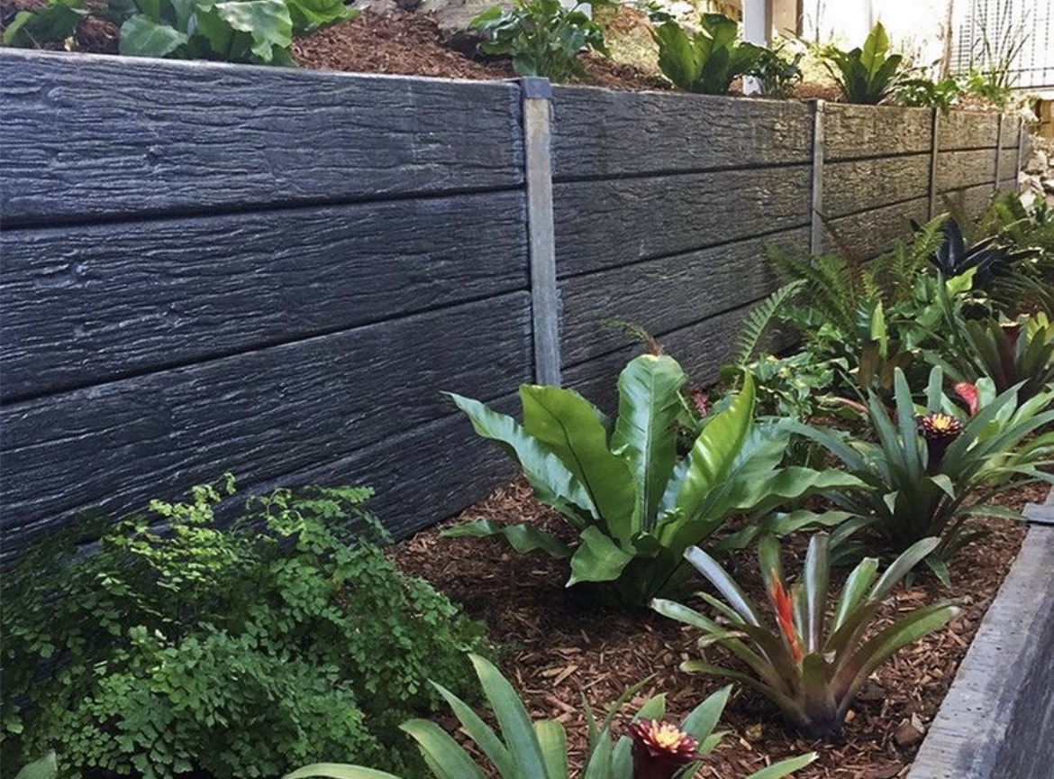 Leafy planting bed beside a dark retaining wall